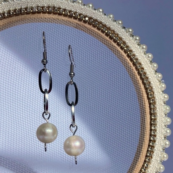 Hand Crafted Jewelry - White Freshwater Cultured Pearl and Stainless Steel Paperclip Earrings